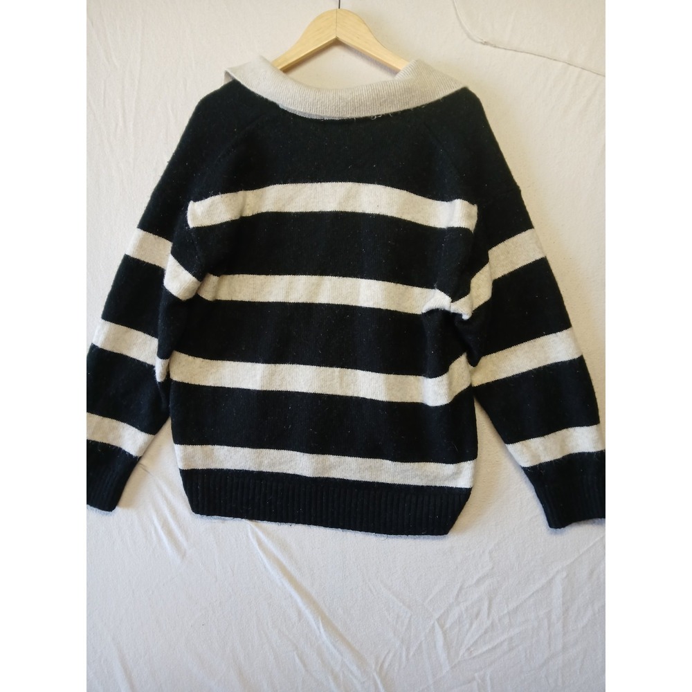 H‎ & M Wool Blend Black and White Striped V-Neck Sweater Womens Medium Collared - Picture 5 of 11